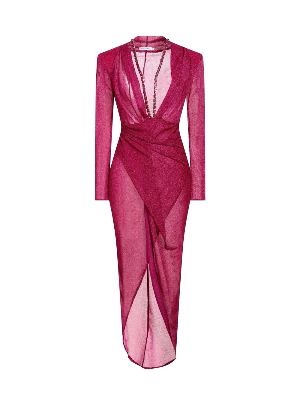 Sheer Plunge Fuchsia Long-Sleeve Midi Dress